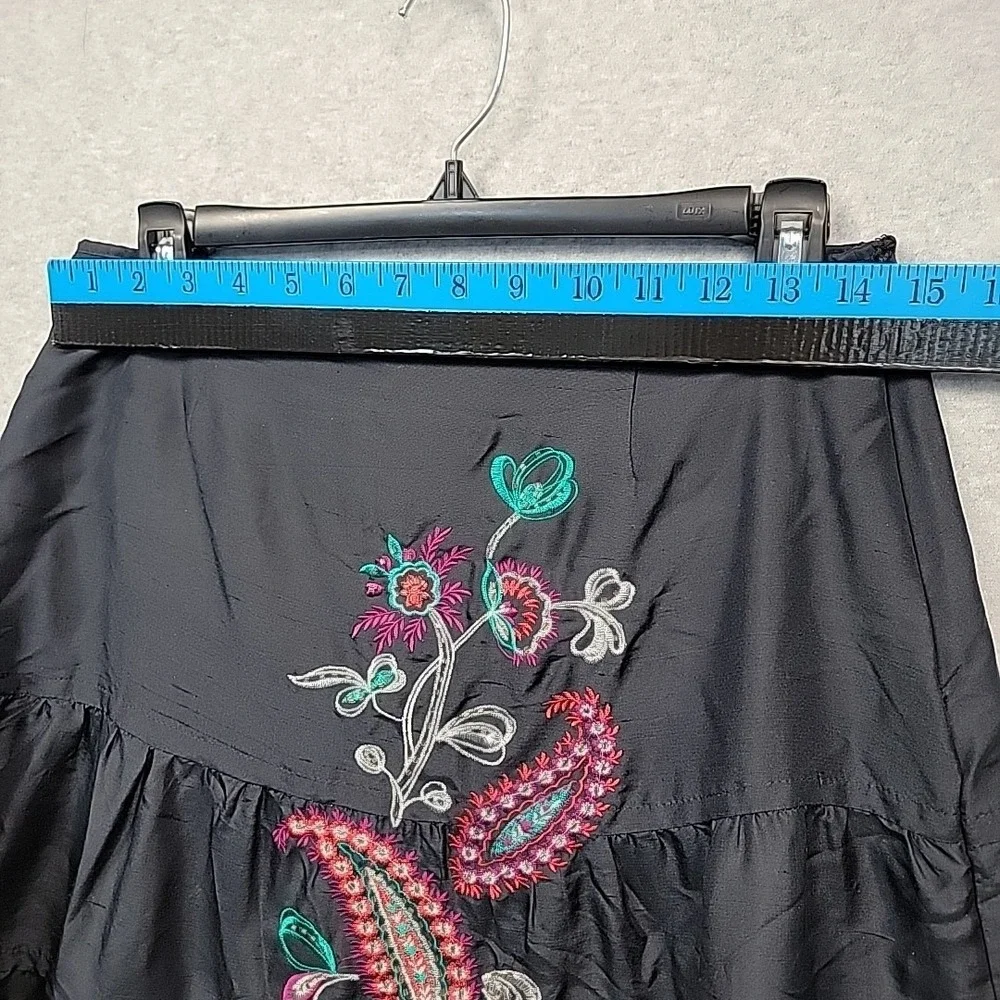 CAROLE LITTLE Silk Midi Skirt Black Embroidered Beaded Tiered Ruffle Size 6 Boho
